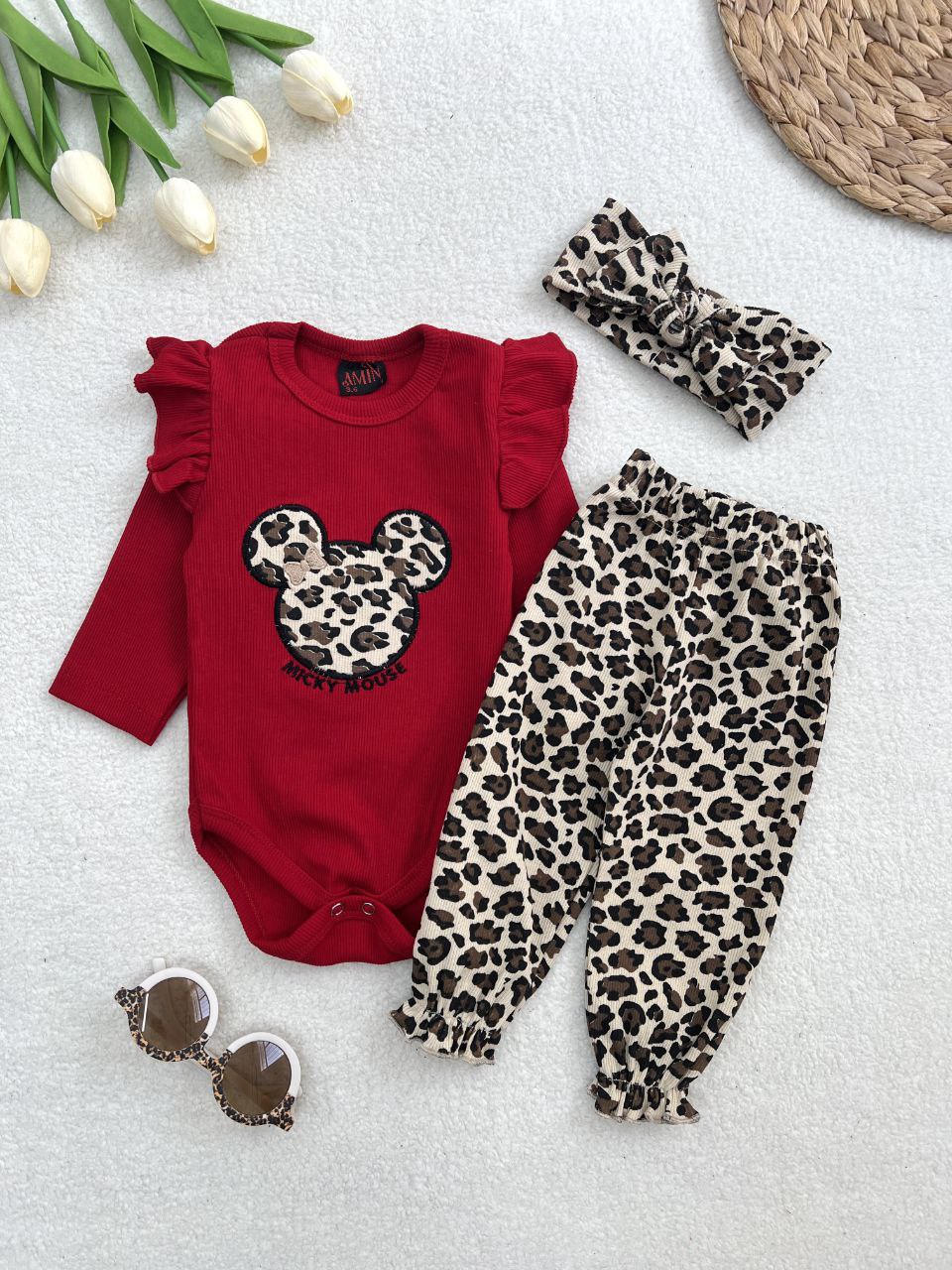 ست بادی سرشانه چین دار و شلوار و هدبند نوزادی طرح میکی موس کد 1245